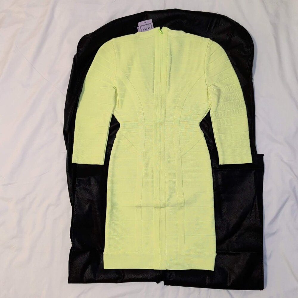 Herve Leger Neon Yellow/Green 'Nathalia' V-Neck 3/4 Sleeve Bandage Mini Dress - Picture 5 of 12